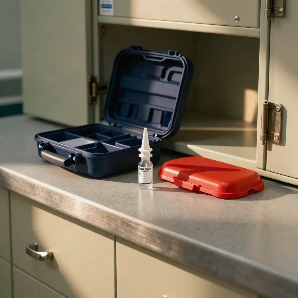 Naloxone spray, navy training kit, and red sharps-bin lid on a clinic counter.