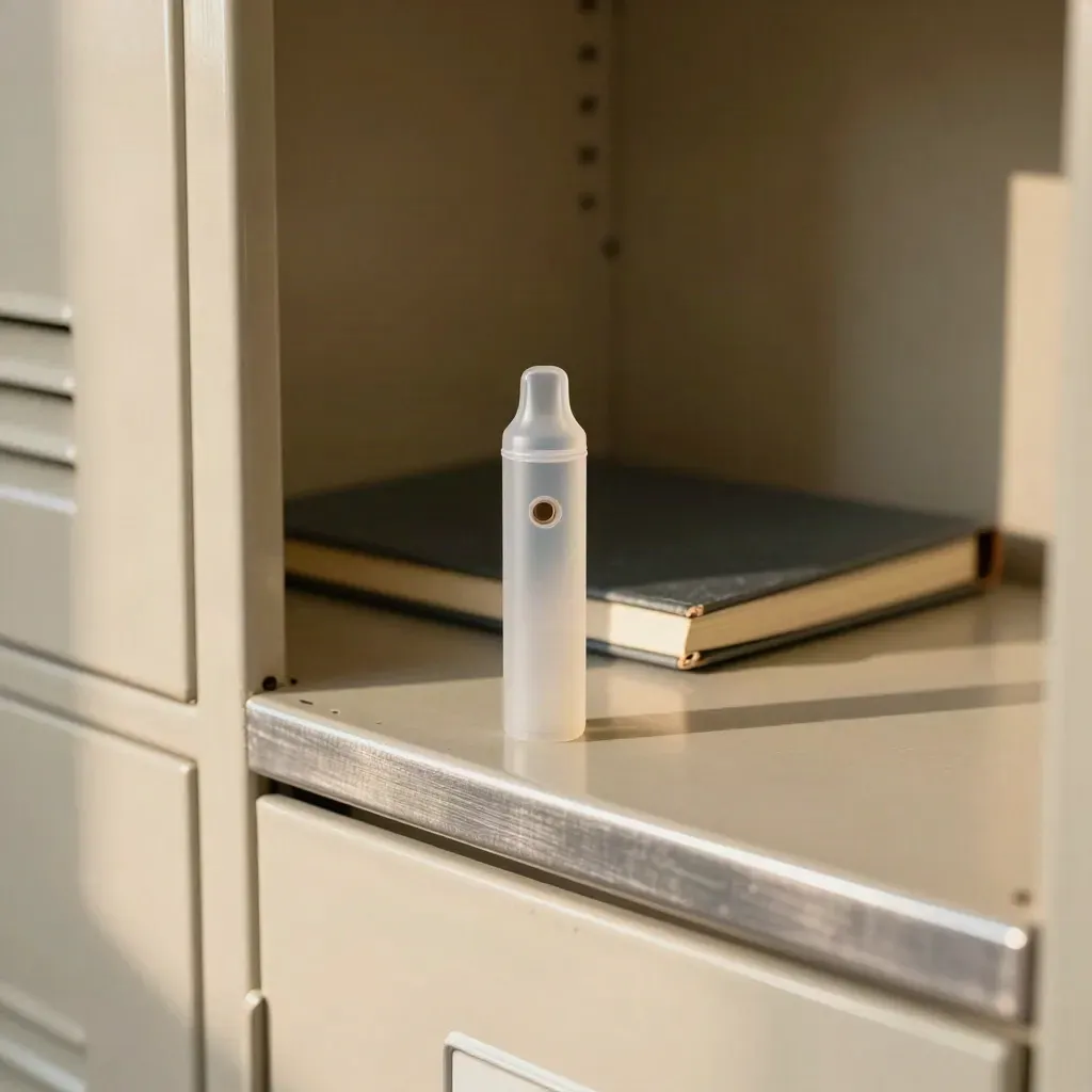 Disposable vape and closed notebook on a school locker shelf in warm morning light.