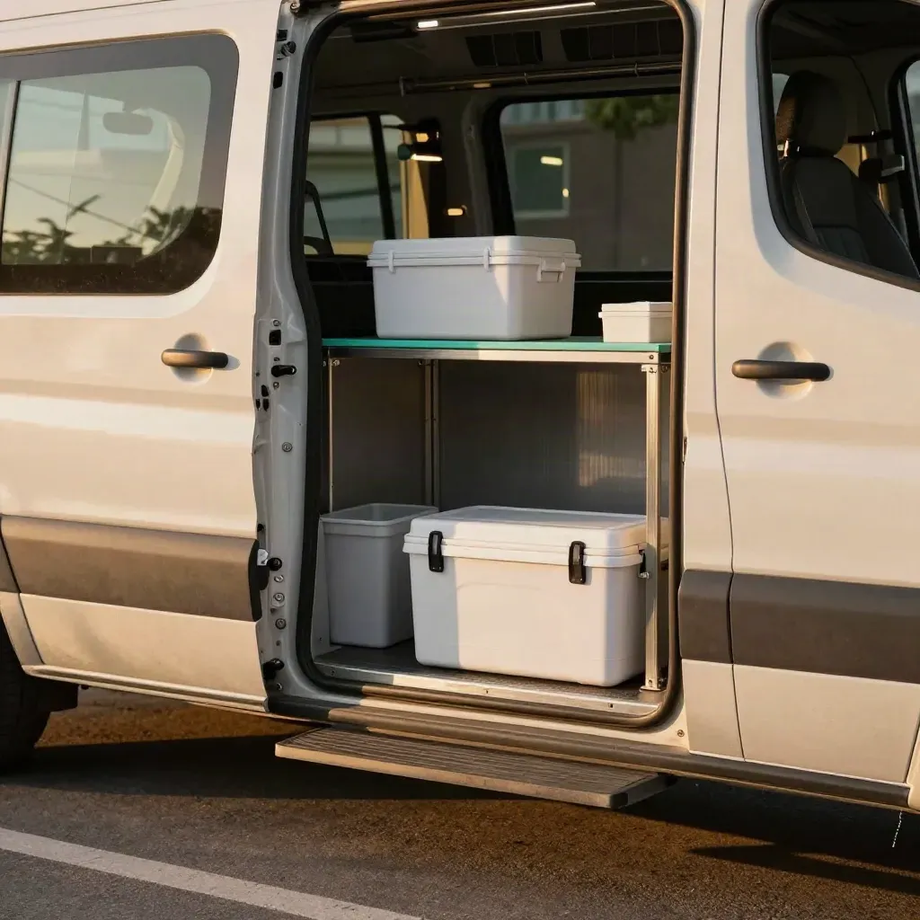 Open mobile outreach van with sterile kits, cooler boxes and a sharps bin in warm afternoon light